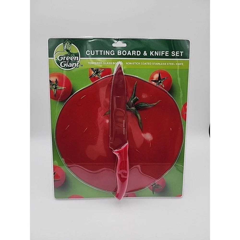 NEW Jolly Green Giant Tempered Glass Cutting Board And Knife Set Tomato